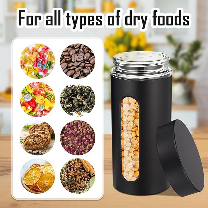 Mimorou 3 Pcs Stainless Steel Canister Set with Glass Windows Visible Storage Jars Silver Kitchen Canister Set for Pasta Flour Oat Sugar Container, Kitchen Tools, Housewarming Gifts(Black,44 oz)