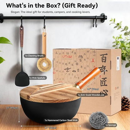 WANGYUANJI 8.7 Inch Carbon Steel Mini Wok with Wooden Lid & Detachable Handle, 2.2 Qt Small Wok Pan for 1–2 People, Flat Bottom Uncoated Stir Fry Pan for Ramen, Deep Frying, Gas & Induction