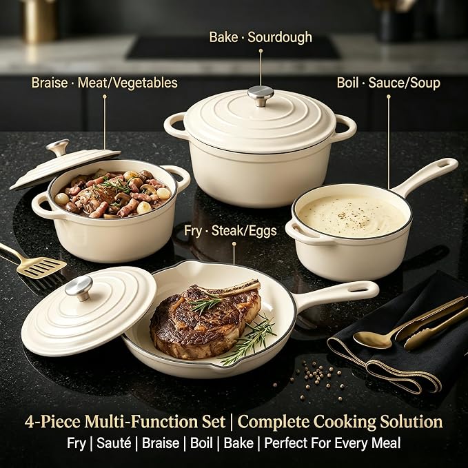 QuliMetal Enameled Cast Iron Cookware Set, 4-Piece Pots and Pans Set with Lids, 10.25" Skillet, 2QT Saucepan, 2.8QT & 4.8QT Dutch Ovens, Oven Safe to 500°F, All Stovetops Compatible - Cream White