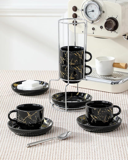 MALACASA 4 OZ Porcelain Espresso Cups with Saucers and Metal Stand Set of 4, Stackable Cappuccino Cups, Marble Black Expresso Shots Cup Set for Coffee Drinks, Latte, Tea