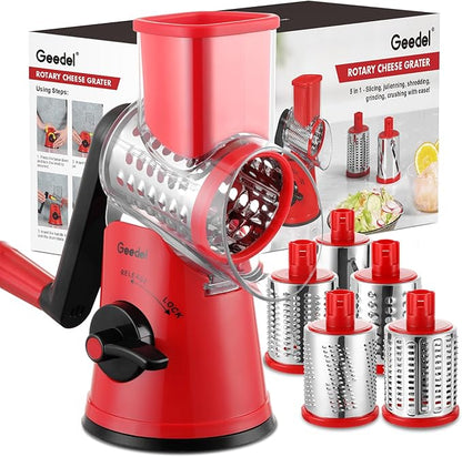 Geedel Rotary Cheese Grater Cheese Shredder - Upgraded 5-in-1 Cheese Grater with Handle and Strong Suction Base, Multi-purpose Vegetable Slicer Ice Shaver Nuts Grinder for Cheese, Vegetables, Ice