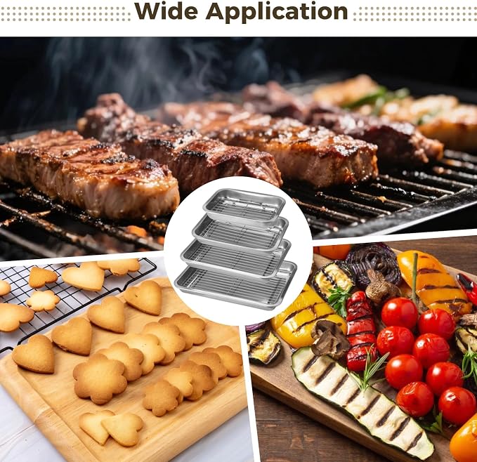 4 Pcs Stainless Steel Baking Sheet with Wire Rack, 10.6 + 12.6 + 14.2 + 15.7 Inch Baking Pans Trays, Dishwasher Safe Bakeware for Cooking, Roasting, Grilling
