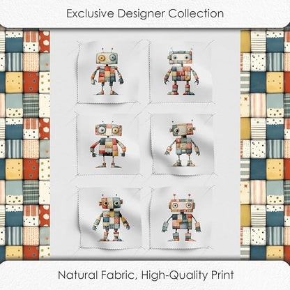 Robot Patchwork Cotton Fabric Panel – 6 Designs (10×10 inch Each) + Bonus Patchwork Sheet 29.5×19.6 inch, 100% Cotton 140 GSM, Made in Turkey