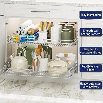 2-Tier Pull Out Cabinet Organizer, 30" W x 21.5" D, Heavy Duty Dual Slide Out Shelves for Wide Base Cabinets, Chrome Wire Basket Drawer for Pots, Pans, Pantry & Cleaning Supplies