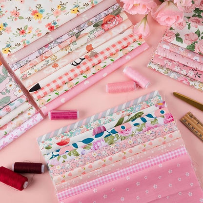 Tatuo 30 Pcs 10 x 10 Inches Pink Floral Cotton Fabric Bundle Squares Patchwork Floral Fabric Sewing Quilting Bundles Assorted Pattern Cloth for DIY Scrapbook Craft Making