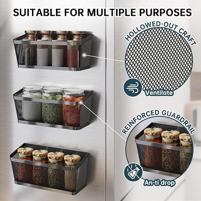 3 Pack Black Metal Magnetic Spice Rack for Refrigerator, Heavy Duty Magnet Shelf for Fridge, Drill Free Mesh Organizer Basket for Kitchen, Pantry, Laundry Room, Garage