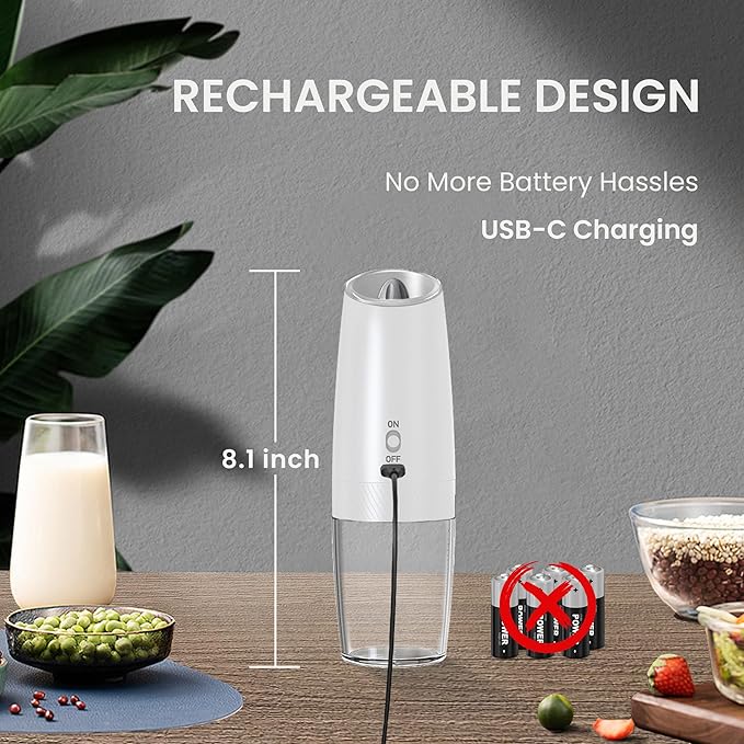 Rechargeable Salt And Pepper Grinder Set with LED Light, Automatic Electric Gravity Salt And Pepper Shakers Set, No Battery Needed, Adjustable Roughness, 2 Pack (Black&White)