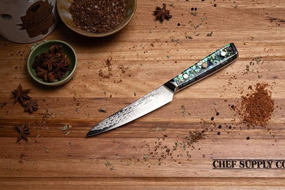 Damascus Utility Knife, 6 Inch, AUS-10 Steel, Clear Resin Handle - Leather Sheath Included