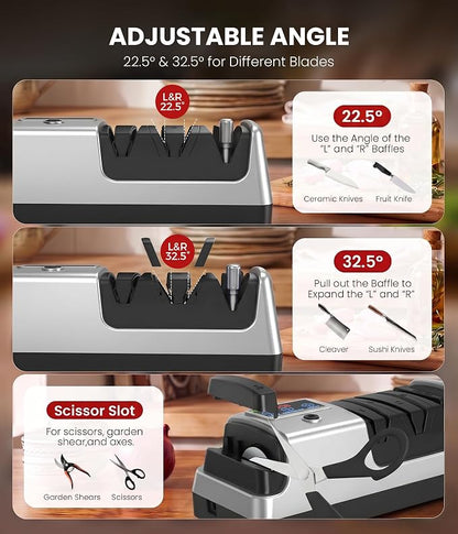 Electric Knife Sharpener for Kitchen - Professional 3-Stage Sharpening for Straight-Edge & Serrated Knives and Scissors, with 100% Diamond Abrasive (Silver)