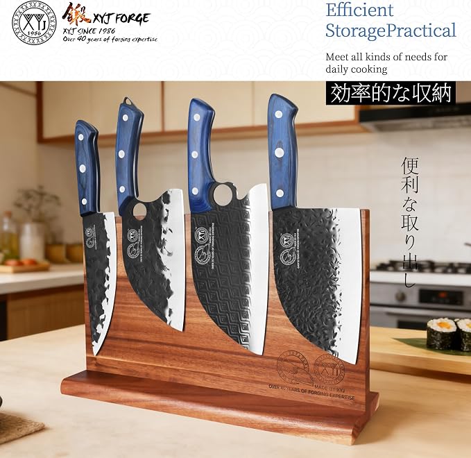 XYJ Authentic Since 1986,Knife Block Set,Knives with Magnetic Knife Block,Sharpener Rod,Scissors,Cutting Board,Gloves,Boning Slicing Bread Cleaver Vegetable Butcher Kitchen Knives,Full Tang