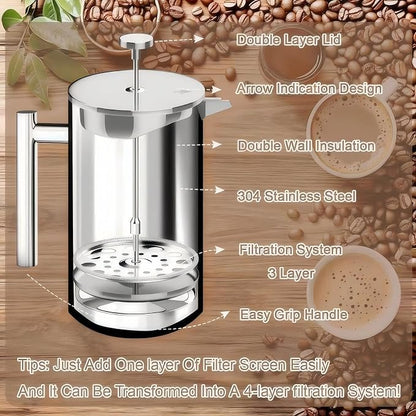 Premium Stainless Steel French Press Coffee Maker (5 Pack Filter)- 34oz/1L Thermal Insulated, 304 Rust-Proof Metal Press - Heat-Resistant Ergonomic Handle BPA Free(Dishwasher Safe)
