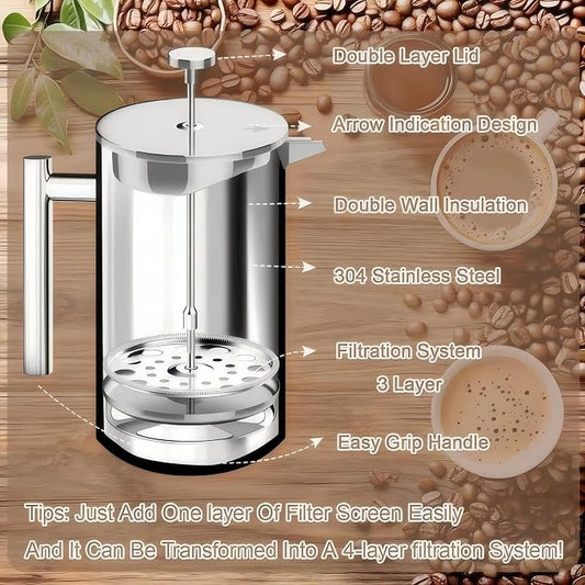 Premium Stainless Steel French Press Coffee Maker (5 Pack Filter)- 34oz/1L Thermal Insulated, 304 Rust-Proof Metal Press - Heat-Resistant Ergonomic Handle BPA Free(Dishwasher Safe)
