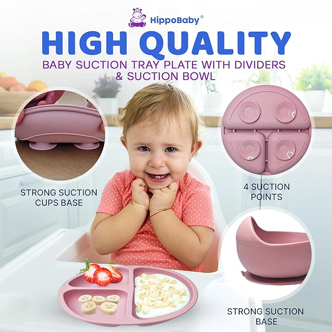 HippoBaby Baby Led Weaning Supplies |10 Piece Silicone Baby Feeding Set, Baby Toddler Bib Cup Divided Plate and Bowl Self Feeding Spoons Dish Set | Baby Utensils,Toddler Feeding Supplies (Rose Quartz)