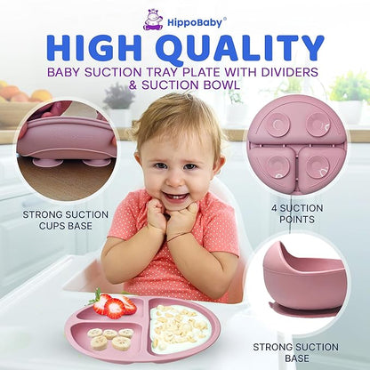 HippoBaby Baby Led Weaning Supplies |10 Piece Silicone Baby Feeding Set, Baby Toddler Bib Cup Divided Plate and Bowl Self Feeding Spoons Dish Set | Baby Utensils,Toddler Feeding Supplies (Rose Quartz)