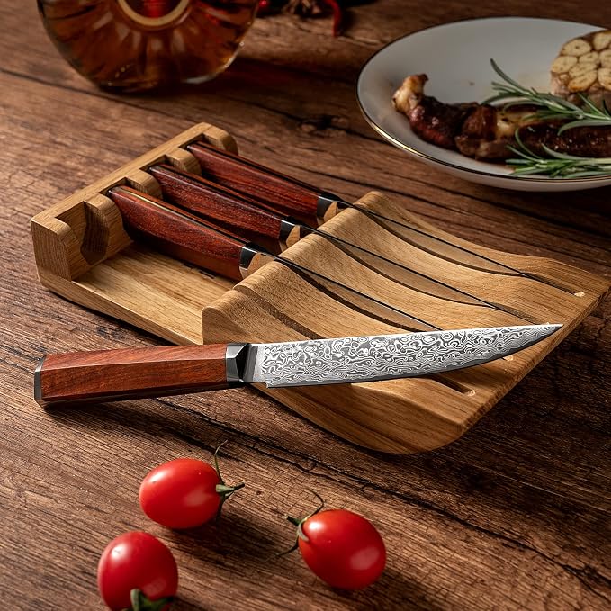 Steak Knives Set of 4 with In-Drawer Knife Block, 5 inch Damascus Steak Knife Set VG-10 Damascus Super Steel 67-Layer Non Serrated Steak Knives with Natural Wood Handle, Gift Box