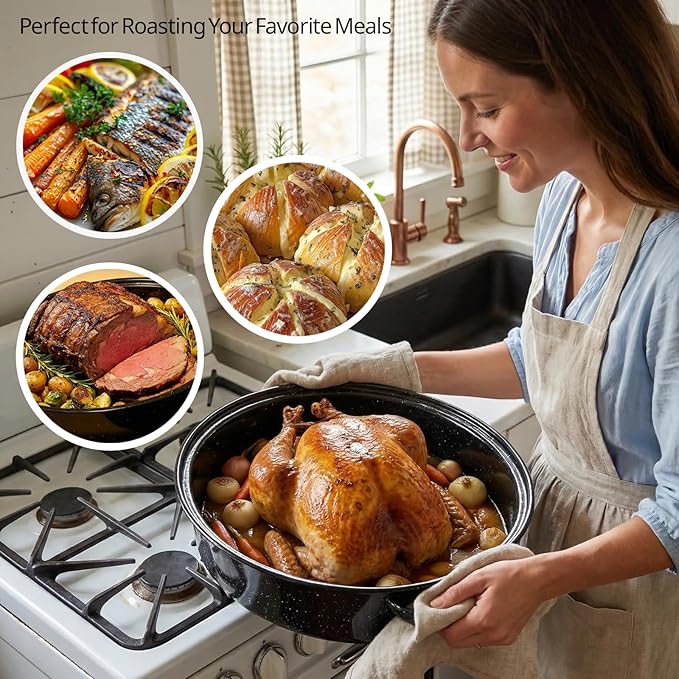 19” Turkey Roasting Pan Enamel Oval Granite Large Roaster Pan with Lid with 17in Inner Diameter Large Capacity Suitable for Thanksgiving Enamel Cook Ware Dishwasher Compatibility Oven Christmas Gift