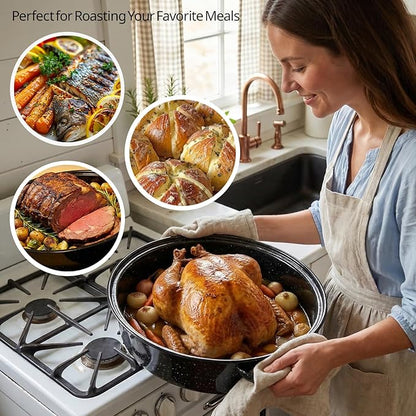 19” Turkey Roasting Pan Enamel Oval Granite Large Roaster Pan with Lid with 17in Inner Diameter Large Capacity Suitable for Thanksgiving Enamel Cook Ware Dishwasher Compatibility Oven Christmas Gift