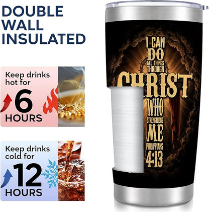 Christian Fathers Day Gift, Christian Gift for Men, Coffee Tumbler with Bible Verse - I Can Do All Things Through Christ, Religious Mugs for Men, Pastor Tumbler, Christmas Man of God Gifts