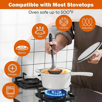 Homikit Small Cast Iron Pot, 1 Quart Enameled Cast Iron Sauce Pan with Lid, Heavy Duty Enamel Dutch Oven Kitchen Cookware for Making Pasta, Boiling Soup, Warming Milk, Nonstick & Oven Safe, White