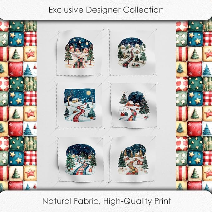 Winter Village Patchwork Cotton Fabric Panel – 6 Designs 10×10 inch + Bonus Patchwork Sheet 29.5×19.6 inch, 100% Cotton 140 GSM (USA Size)