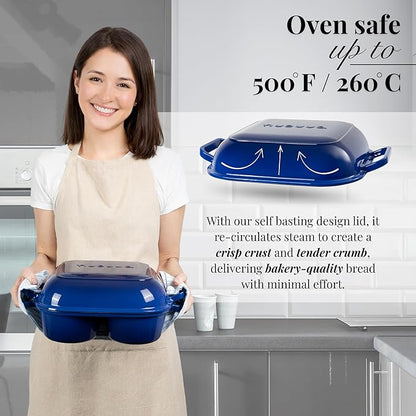 QuadPro Enamelled Cast Iron Bread Loaf Pot – Dutch Oven for Sourdough Bread Baking – 500°F Oven Safe Non Stick Bread Pot – 4 Round Loaf Spaces (4.90-inch Diameter), Dark Blue – by Nuovva