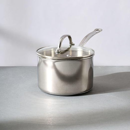 Farberware Millennium Stainless Steel Saucepan with Lid, Induction Ready, Compatible with All Cooktops, Metal Utensil Safe, 3 Quart Saucepot, Dishwasher Safe - Stainless Steel