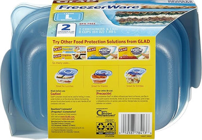 Glad Gladware Freezerware Food Storage Containers, Large Rectangle Holds 64 Ounces of Food, 2 Count Set | Tupperware, Plastic Food Container, Meal Prep Container, Plastic Containers with Lids