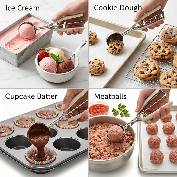 Ice Cream Scoop, 18/8 Stainless Steel Cookie Scoop, Cookie Scoops for Baking, 2 Tbsp/ 30 ml/ 1 oz Cookie Dough Scoop, Ice Cream Scooper with Trigger Release, Cookie Scooper for Baking(#40 White)