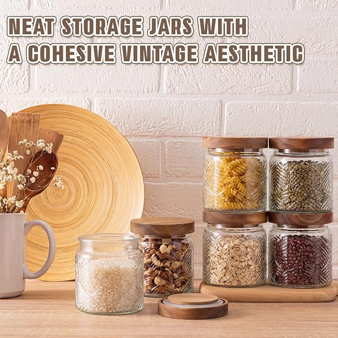 Suclain 6 Pcs 17 OZ Vintage Glass Jar with Acacia Wood Lids Airtight Glass Storage Canisters Kitchen Spice Jars Food Storage Containers for Pantry Coffee Grains Tea Sugar Flour(Leaf)