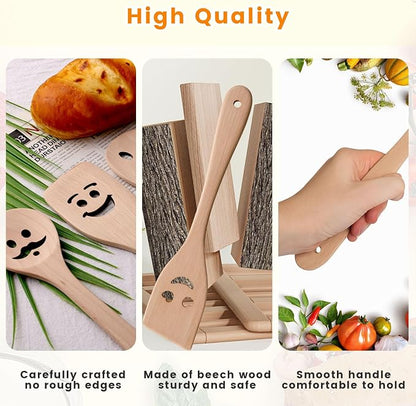 HANSGO 5PCS Wooden Spoons for Cooking, Funny Wooden Utensil Set Wood Spatulas with Smile Faces Cute Kitchen Accessories, Best Cooking Gifts for Housewarming Wedding Holidays