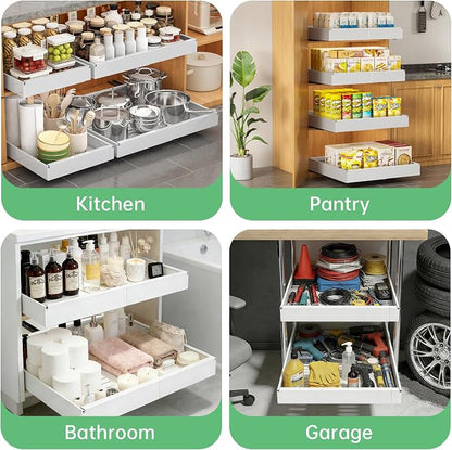 Pull out Cabinet Organizer, 2 pack, 16.5" Deep Heavy Slide out Drawers, Upgrade Three Triple-Slide Rail Systems, Expandable 12.8"-20.8" Roll out Shelf Storage for Kitchen Base Cabinet Organization
