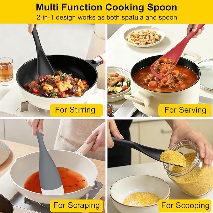 Beijiyi Silicine Cooking Spoons for Nonstick Cookwares, 3 Pack, 12.6 in | Sturdy, BPA-Free, Heat Resistant, One-Piece, Multifunction Spatula Spoon, Great for Cooking, Serving, Scooping, and Stirring