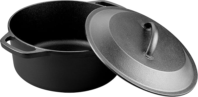 VORRINGARD Pre-Seasoned Cast Iron Dutch Oven with Lid, Round and Dual Handles, for Stovetop, Camping, Grill, Induction, Electric, Black, 6qt