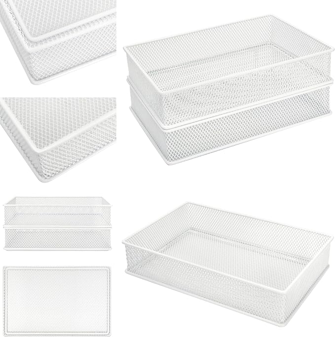 Annova Mesh Stackable Drawer Cabinet and Shelf Organizer Bins Storage Basket School Office Supply Holder Tray- Set of 2 (White, 6x9x2 Inch)