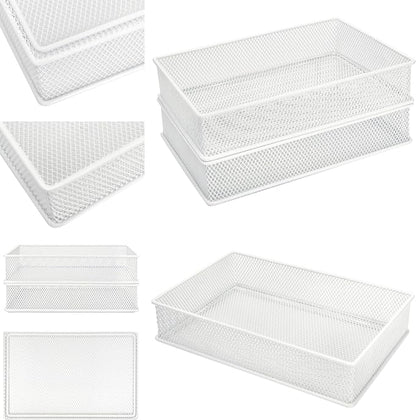 Annova Mesh Stackable Drawer Cabinet and Shelf Organizer Bins Storage Basket School Office Supply Holder Tray- Set of 2 (White, 6x9x2 Inch)