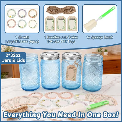 Blue Mason Jars 32 oz with Stainless Steel Leakproof Lids, 2 Pack Wide Mouth Colored Glass Jars for DIY Crafts, Wedding Centerpieces, Home Decor, Flower Vase, Bathroom Storage