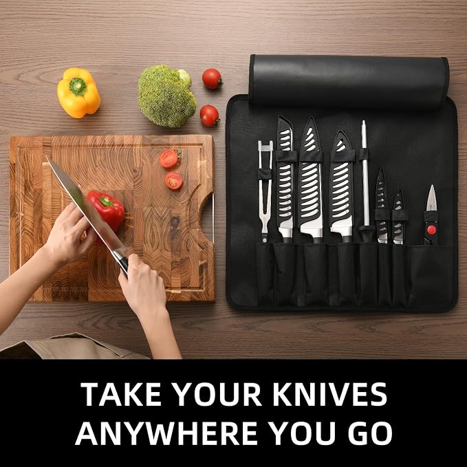 Knife Set Roll Bag, 8 Pieces German High Carbon Stainless Steel Chef Knives with Hollow Handle, Portable Knife Roll Storage Bag, Blade Guards, Kitchen Shears for Outdoor Camping Travel