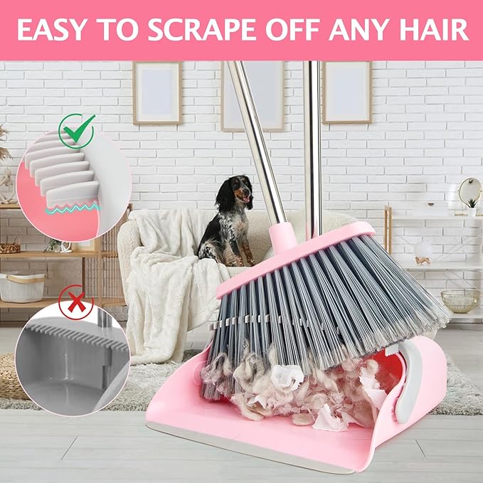 2-Pack Broom and Dustpan Set with Long Handle, Heavy Dust Broom and Dustpan Combo for Home，Kitchen, Office, Pet Hair(Grey Pink)