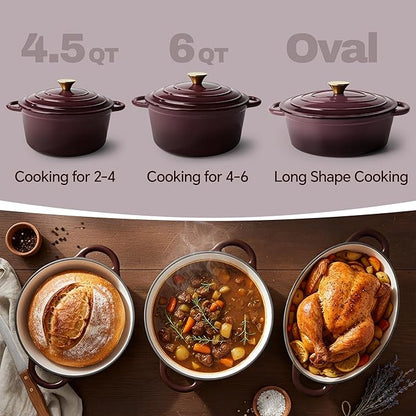 Vintage Style Oval Dutch Oven for Bread Baking, 4.5 Quart Non Stick Enameled Cast Iron Dutch Oven Pot with Lid, Oven Safe Oval Casserole with Lid up to 500°F for Baking, Braising, Stews, Roasting, Fig