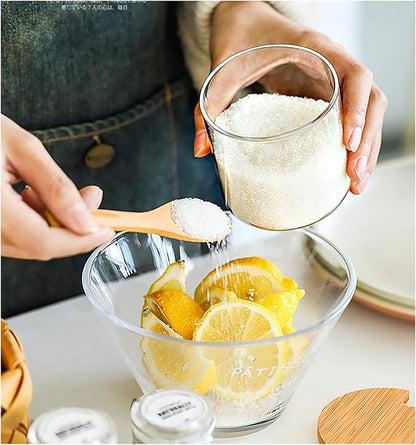 FANTESTICRYAN 3 PCS Stylish Simple Condiment Canisters Pots Set, Decorative Storage Seasoning Glass Container Box with Bamboo Spoon Lid and Base for Home Kitchen café Storing Salt Sugar Pepper Spice