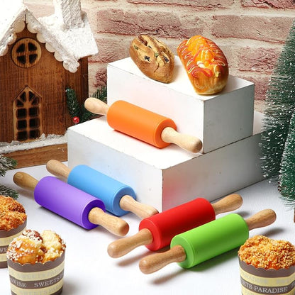 Thenshop 10 Pcs 9 Inch Mini Silicone Rolling Pins Kids with Wooden Handle, 5 Colors Non-stick Small Dough Roller for Kids, Home Kitchen Baking Supplies for Cookie Pastry Fondant Cake