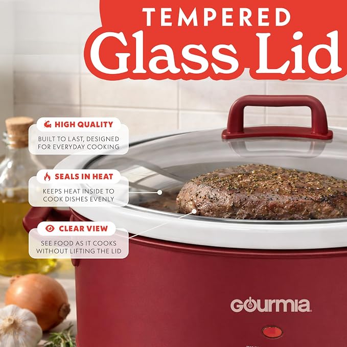 Gourmia Slow Cooker - 7 Quart Removable Ceramic Pot, Manual Controls with 3 Temperature Settings, Dishwasher Safe Crock and Glass Lid, Red