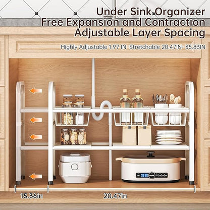 Under Sink Organizers and Storage, 2 Tier Expandable Length Adjustable Height Under Sink Organizer, Easy Assembly Heavy Duty Carbon Steel Space Saving Under Cabinet Shelf Storage Rack