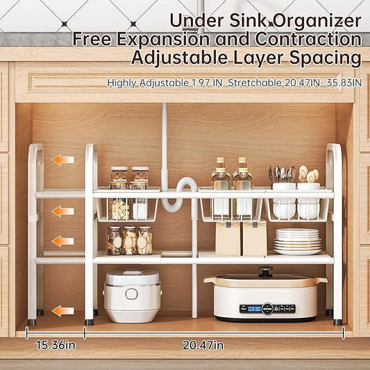 Under Sink Organizers and Storage, 2 Tier Expandable Length Adjustable Height Under Sink Organizer, Easy Assembly Heavy Duty Carbon Steel Space Saving Under Cabinet Shelf Storage Rack