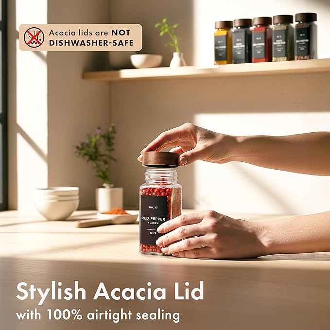 EDELHAUS Square Spice Jars with Acacia Wooden Lid (Pack of 36) Spice Jars with Shaker Insert and 240 White Labels - Acacia Lid Glass Container for Spice Organisation [4.3 in × 1.8 in]