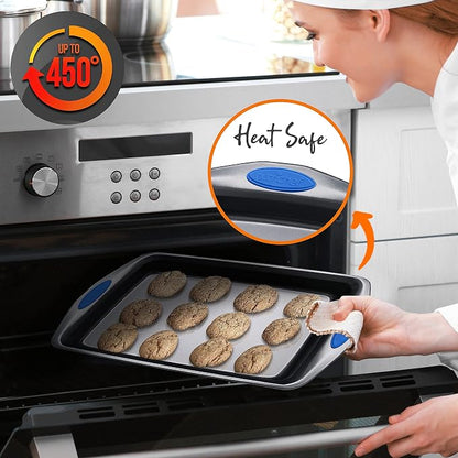 NutriChef 2-Piece Nonstick Baking Pan Set – Carbon Steel Cookie Sheet w/ Red Silicone Grip Handles – Durable, Heavy-Duty Bakeware for Even Heat Distribution – Oven Safe, Easy Cleanup – Gray