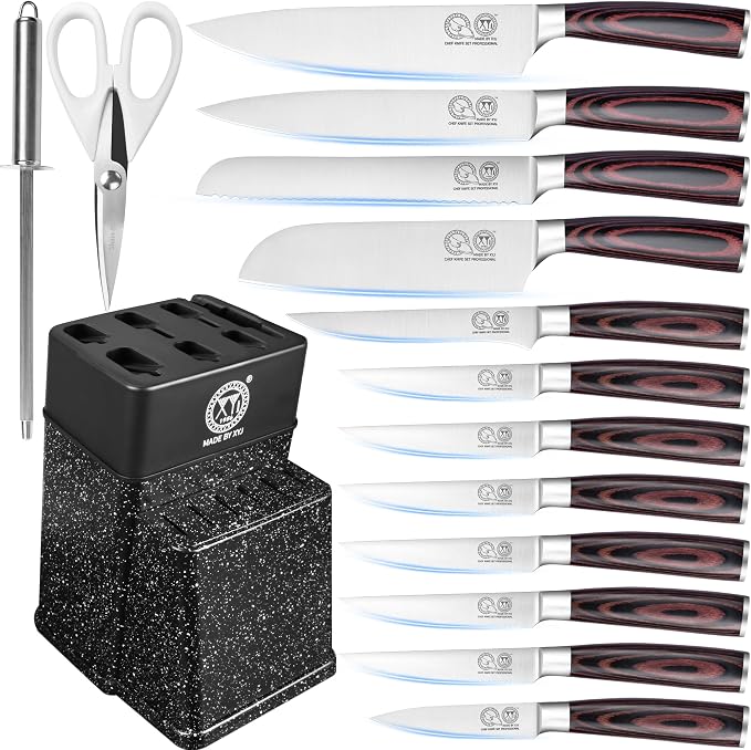 XYJ Authentic Since 1986, Knife Block Set, Kitchen Knives Set With Holder, Scissors, Professional Japanese Chef Knife Set, Paring Bread Carving Slicing Knife, Steak Knives