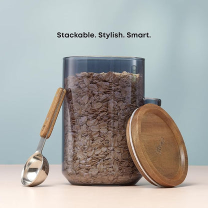 JoyJolt Holden 32oz Stackable Glass Storage Containers with Lids and Scoops, Airtight Food Canister Set of 3 w/Acacia Wood Lids, Round Stacking Pantry and Kitchen Containers w/Scoop | Smoke Blue