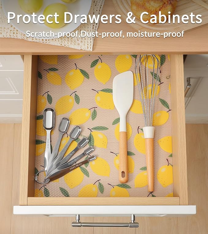 Cooyes Shelf Liner, Non-Adhesive Cabinet Liners for Kitchen Drawers, Shelves, Refrigerator, Pantry Storage, Bathroom Closet, Fridge, Durable Waterproof EVA Mats(17.5" W x 120" L, Yellow Lemon)