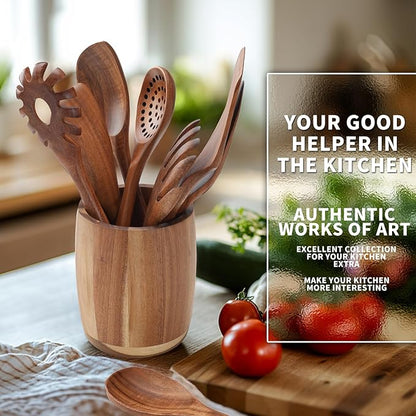 9 PCS Kitchen Utensils Set - Wooden Spoons for Cooking, Natural Teak Wooden Utensils - Includes Wooden Spoons, Spatula Set, Slotted Spoon - Handmade Wooden Spoon Set